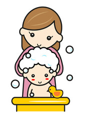 子供の髪を洗うママ