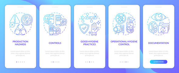 Planning approach to HACCP blue gradient onboarding mobile app screen. Safety walkthrough 5 steps graphic instructions with linear concepts. UI, UX, GUI template. Myriad Pro-Bold, Regular fonts used