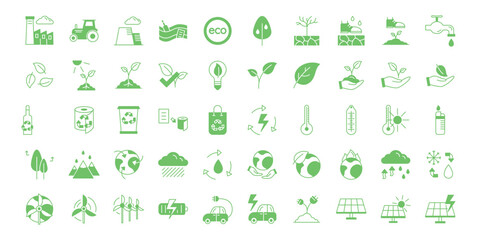 A set of simple green vector icons on the theme of ecology, recycling, climate conservation and the environment.