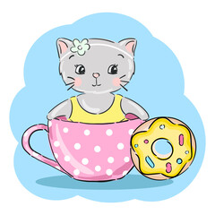 Cute little kitty girl with pink bow inside the cup