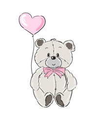 teddy bear and pink balloon, hand draw illustration, can be used for kid poster or card with white isolated background