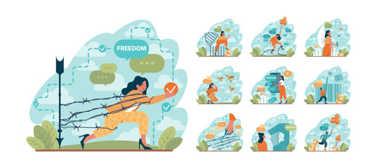 Freedom concept set. Person flying free out of cage, without chains