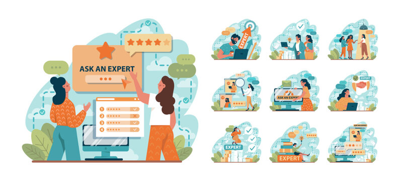 Expert concept set. Professional business adviser provides solutions