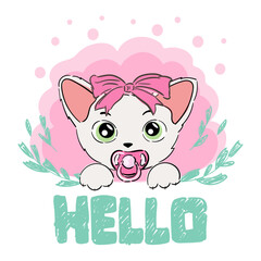 Vector hand drawn cute cat face saying Hello. Vector illustration with lettering on white background