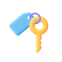 Key with keychain, pendant. Protection, security, home rental, real estate concept. 3d vector icon. Cartoon minimal style.