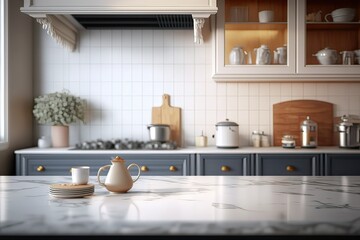Empty Marble Countertop in Kitchen: A Place for Creative Food Preparation. Generative AI