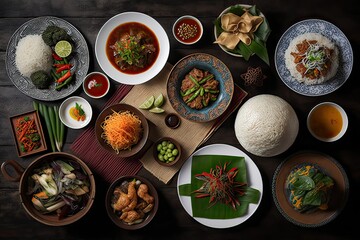 Experience the Delicious Variety of Malaysian Cuisine at the Food Table. Generative AI