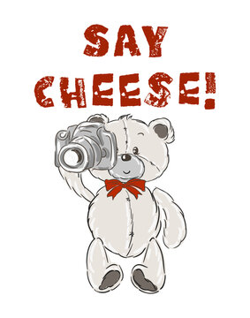 say cheese slogan with cartoon teddy bear doll photographer illustration