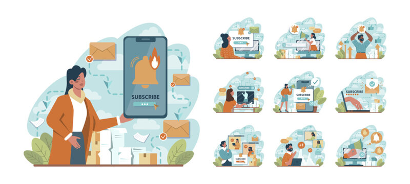 Subscription concept set. A reminder for new social media content