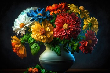  painting of a vase filled with colorful flowers on a wooden table with a black background and a black background behind the vase is an orange, yellow, red, white, red, blue, green.  generative ai