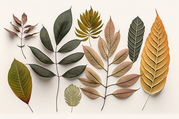 group of different types of leaves on a white background with a white background behind them and a white background with a white background with a few different types of leaves on it.  generative ai