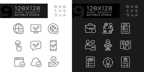 Checkmarks in communication pixel perfect linear icons set for dark, light mode. Approval marks in digital industry. Thin line symbols for night, day theme. Isolated illustrations. Editable stroke