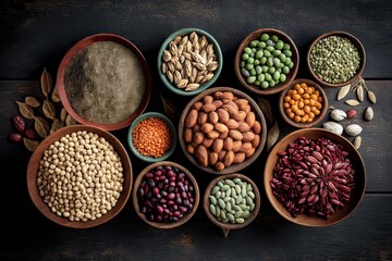 Fototapeta na wymiar A Variety of Vegan Proteins: Almonds, Walnuts, Seeds, Legumes, and More!. Generative AI