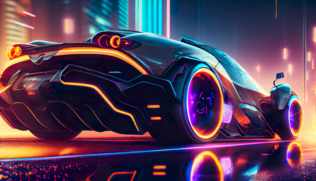 exotic sport car in futuristic city with neon lights