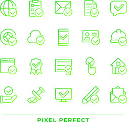 Checkmark pixel perfect gradient linear vector icons set. Information validation signs. Marks for correct data. Thin line contour symbol designs bundle. Isolated outline illustrations collection