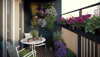  a balcony with potted plants and a table with a white table and chairs on it and a small table with two chairs on it.  generative ai