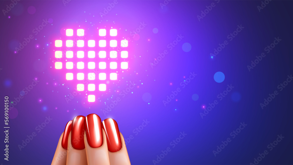 Poster valentines day banner in digital computers technology style. pixels heart hung over woman hand with 