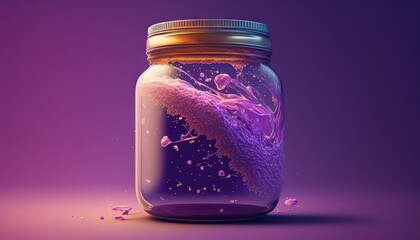  a jar filled with liquid on top of a purple background with a purple background and a purple background with a gold top and bottom and bottom.  generative ai