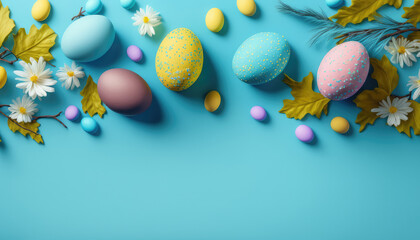 Fototapeta na wymiar Easter background on blue with white copy space. Generative AI