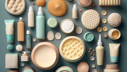 Fototapeta na wymiar a collection of different types of cosmetics and skin care products arranged in a circle on a blue background with a shadow effect and a shadow effect. generative ai