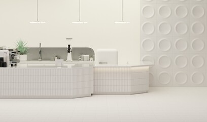 Fototapeta na wymiar coffee shop Restaurant design Modern and Minimal, white counter and white gloss beige background ,Wall back counter pastel decor. 3d render 