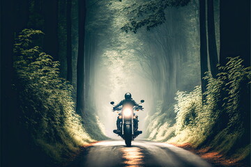 motorcycle driving through the forest on country road, Made by AI,Artificial intelligence