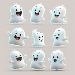 Collection of cute cartoon ghosts, happy and smile character white background, Made by AI,Artificial intelligence