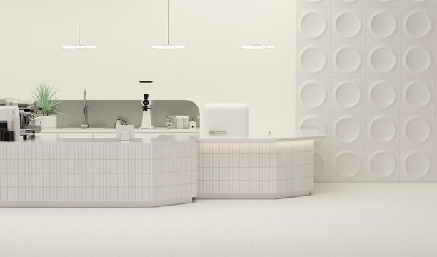 coffee shop Restaurant design Modern and Minimal, white counter and white gloss beige background  ,Wall back counter pastel  decor. 3d render

