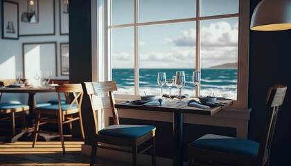Fototapeta premium a dining room with a table and chairs and a view of the ocean through a window with a view of the ocean outside the window. generative ai