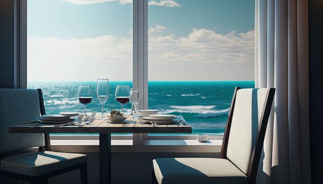  a table with two glasses of wine and plates of food on it in front of a large window overlooking the ocean with a view of the ocean.  generative ai