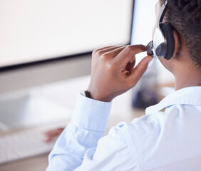 Back of man, call center and customer service on computer for crm telemarketing support. Sales...
