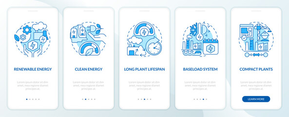 Using geothermal energy advantages blue onboarding mobile app screen. Walkthrough 5 steps editable graphic instructions with linear concepts. UI, UX, GUI template. Myriad Pro-Bold, Regular fonts used