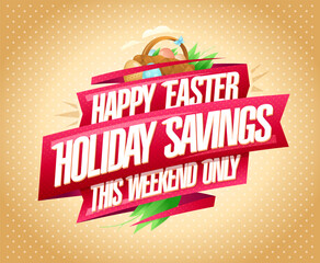 Happy Easter sale web banner, holiday savings illustration with Easter eggs in a basket