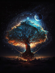 magic tree on background night sky