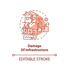 Damage of infrastructure red concept icon. Geothermal energy disadvantage abstract idea thin line illustration. Isolated outline drawing. Editable stroke. Arial, Myriad Pro-Bold fonts used