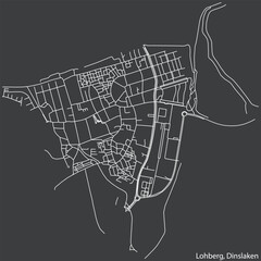 Detailed negative navigation white lines urban street roads map of the LOHBERG BOROUGH of the German town of DINSLAKEN, Germany on dark gray background