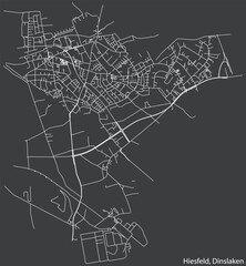 Detailed negative navigation white lines urban street roads map of the HIESFELD BOROUGH of the German town of DINSLAKEN, Germany on dark gray background