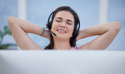 Relax, success or consultant in call center with a happy smile on target for winning a...