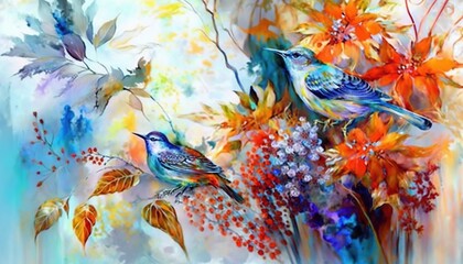  a painting of two birds sitting on a branch of a tree with autumn leaves and flowers in the foreground and a blue sky in the background.  generative ai