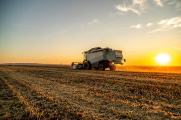 Harvest time, a farmer in a combine harvester at work in a soybean agricultural farm field