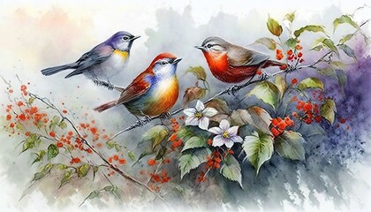  a painting of three birds perched on a branch with red berries and flowers in the foreground, and a white background with watercolor splashes.  generative ai