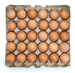 Dozen chicken  eggs in carton box on white background, Eggs in cardboard box on White PNG File.