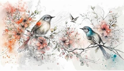  a painting of two birds sitting on a branch of a tree with flowers and birds flying around it on a white background with watercolor splashes.  generative ai