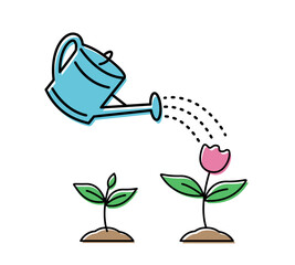 Watering a watering can flower. Concept of plant growth. Thin line icon. © kornetka