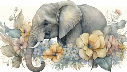  a painting of an elephant surrounded by flowers and leaves on a white background with a watercolor effect of yellow and pink flowers and leaves.  generative ai