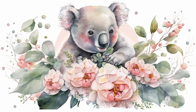  a watercolor painting of a koala bear surrounded by pink flowers and greenery on a white background with a pink circle around it.  generative ai