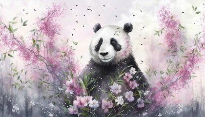  a painting of a panda bear surrounded by pink flowers and butterflies on a white background with a pink sky in the background and a pink and white background.  generative ai