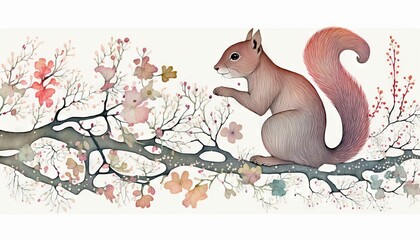  a painting of a squirrel sitting on a branch with flowers and butterflies in the background and a butterfly in the foreground of the picture.  generative ai