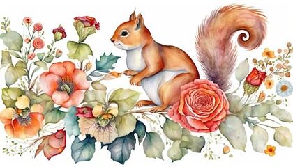  a watercolor painting of a squirrel surrounded by flowers and leaves on a white background with red and orange flowers and leaves around the squirrel.  generative ai