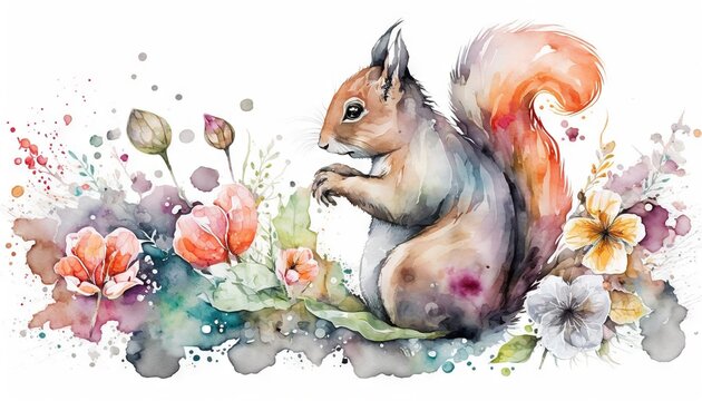  a watercolor painting of a squirrel surrounded by flowers and leaves, with a white background and a watercolor splash of red and yellow flowers.  generative ai